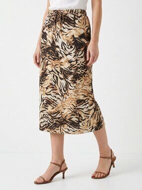 Vintage Harmony Tiger Print Midi Skirt Drawstring Elastic Waist Side Slit Retro